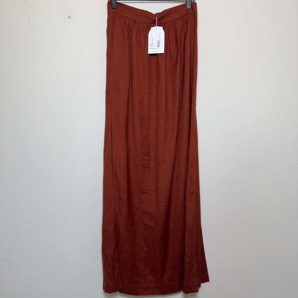 NEW $298 Rumer Women Linen Roam Maxi Skirt S Brown High Slit Beach Coastal